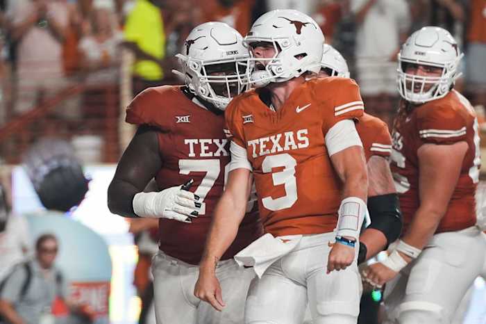 Quinn Ewers Celebrates a Texas Longhorns touchdown.